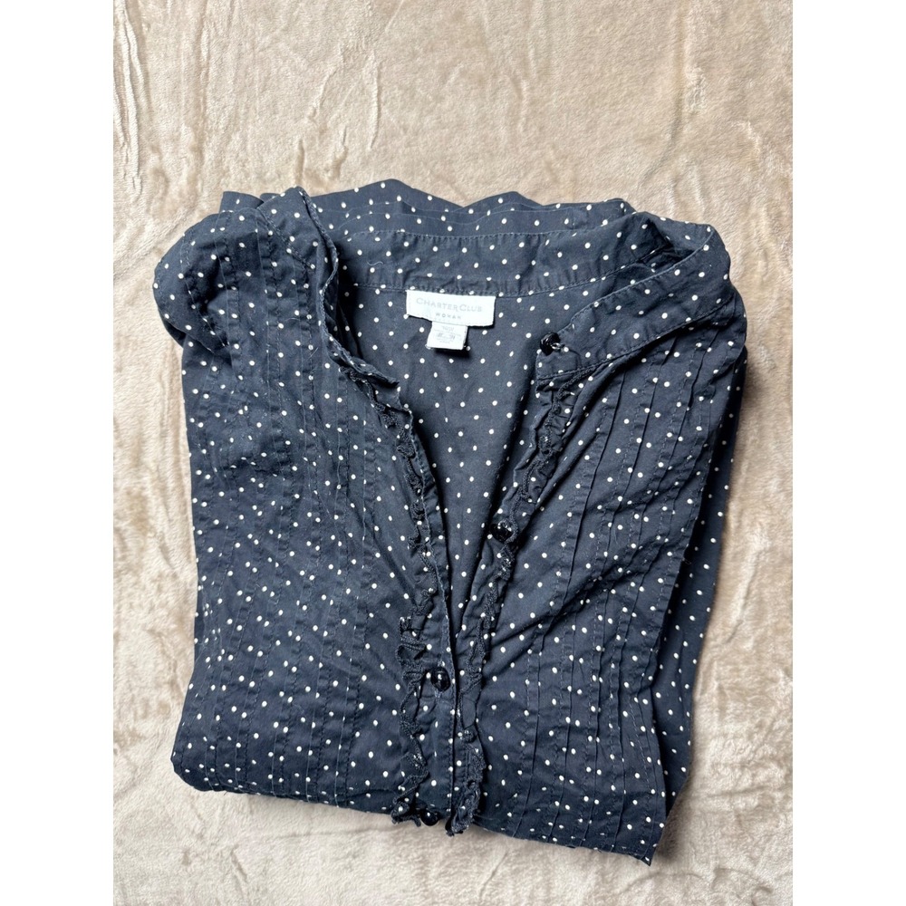 Charter Club Woman Black White Polka Dot Ruffle Pintuck Cotton Blouse 18W